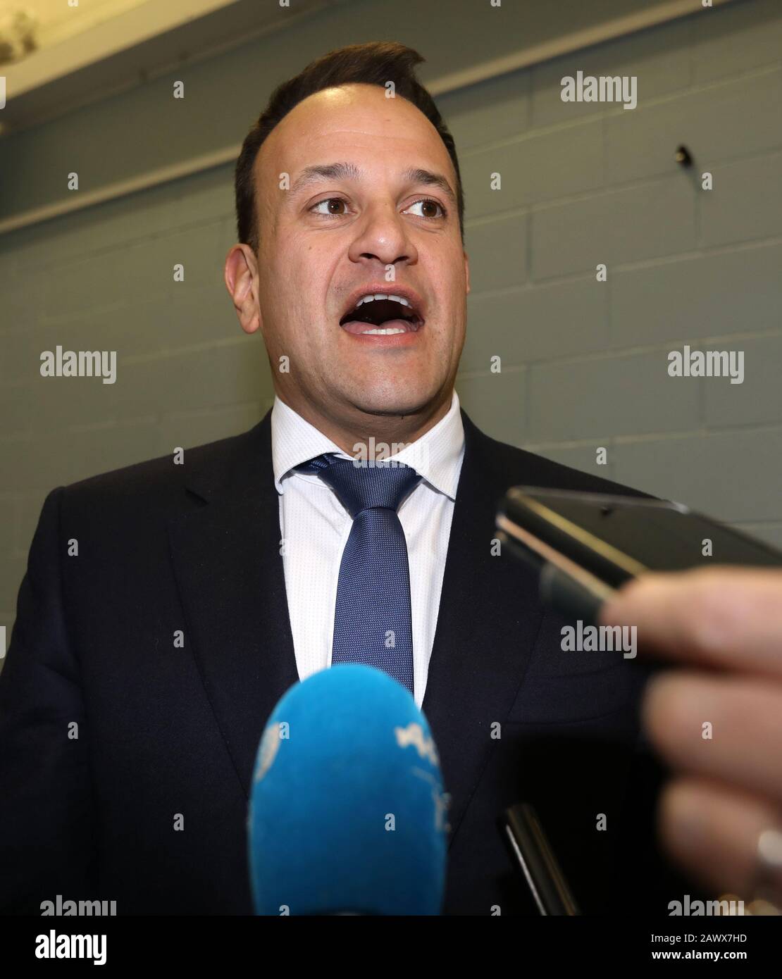 Dublin, Ireland. 9th Feb 2020. General Election Results. Counting of Ballots. Ballot papers in the Phibblestown Community Centre in Dublin West. Taoiseach and Fine Gael leader Leo Varadkar talking to the media at the Count Centre. Photo: Eamonn Farrell/RollingNews.ie Credit: RollingNews.ie/Alamy Live News Stock Photo