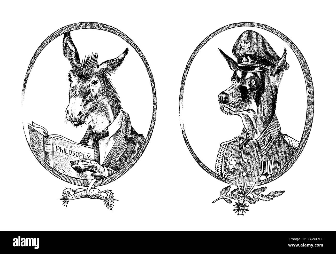 Animal character. Donkey philosopher or goat and military dog or Dobermann. Hand drawn portrait. Engraved old monochrome sketch for card, label or Stock Vector