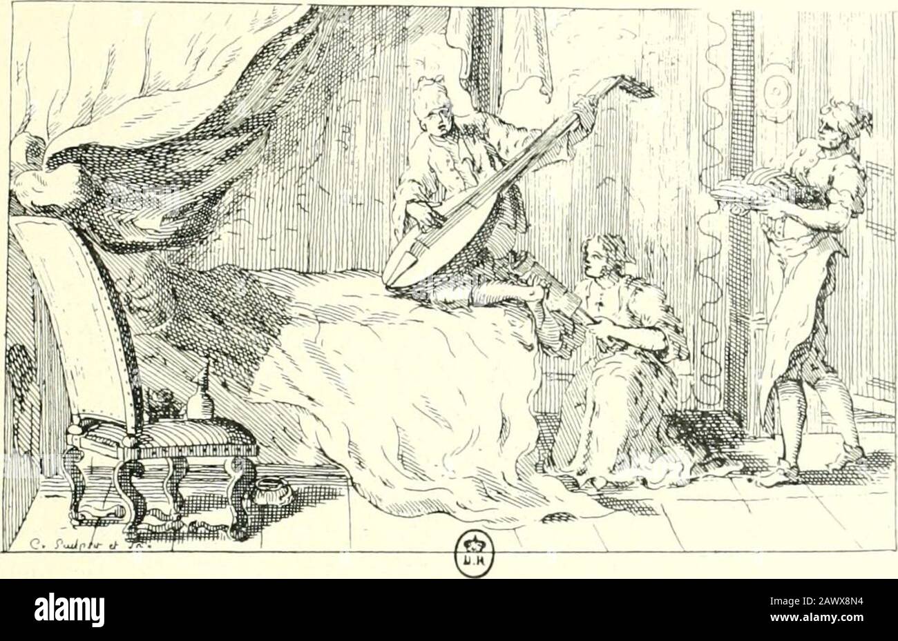 L'estampe satirique et la caricature en France au 18e siècle; préfde Maurice Tourneux . Marlboiougti, né le 2i juin 10^0, mort le 20 juillet 1722, ressuscitant aux échosdela chanson devenue de mode en 1782, se plaint quon insulte à sa mémoire. 2. Caricature de 1730 : Cabinet des Estampes, coll. Hennin, t. XCVI. ,l. Cf. Ln Musique baroque introduite en France par les chats italiens, 1749, cari-cature à propos de riiilluence de ta musique italienne eu France Kibl. de lArse-nal, t. CCWll-CCLVIIj. ET LA CARICATURK l-N lIlANGK 69 une autre gravure, il est assis écrivant à une table, lorsquun démons Stock Photo