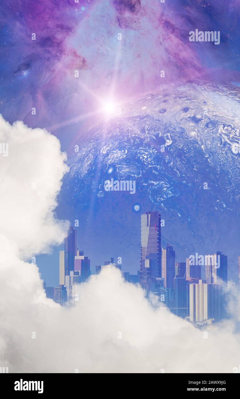 Futuristic scene for science fiction novel book cover - beautiful white clouds reveal modern city skyscrapers and huge alien planet with galaxy. Eleme Stock Photo