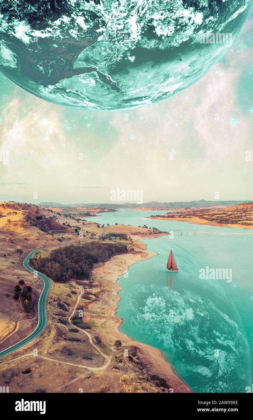 Beautiful fiction book cover design. Unreal fantasy landscape of sailboat sailing across a river on alien planet. Elements of this image furnished by Stock Photo