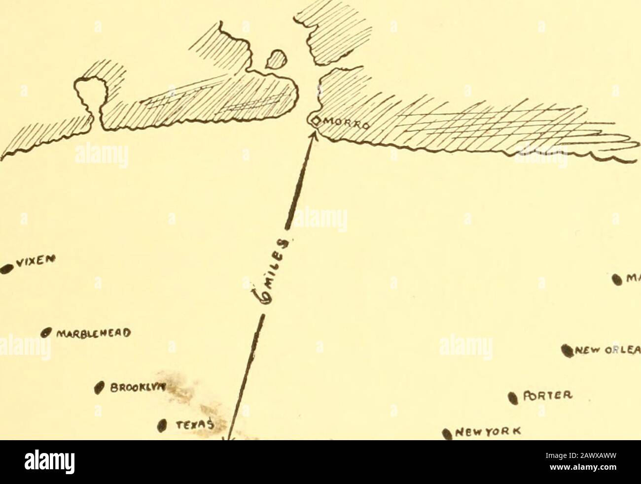 The American-Spanish war; . , each in turn for two hours, to a distance oftwo miles and keep the beam of a search-light directly up thenarrow harbor entrance, taking care not to expose the picketlaunches. On June I2th, the blockading distance was re-duced to three miles in the daytime and to two miles at night.After the landing of the Army, when the position of the THE STORY OF THE TEXAS. 145 enemy became critical, one battle-ship always lay in theshadow near the ship that was using the search-light, with themen at the guns, ready for immediate action. The morning of Sunday, July 3rd, 1898, wa Stock Photo