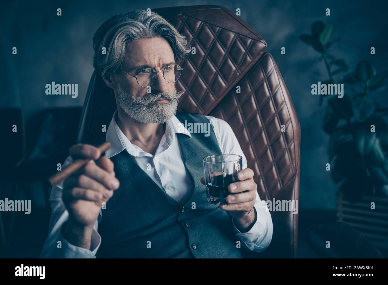 Pensive brutal retired old white grey hair bearded old man company owner  smoke cigarette drink whiskey dream his progress development start-up Stock  Photo - Alamy