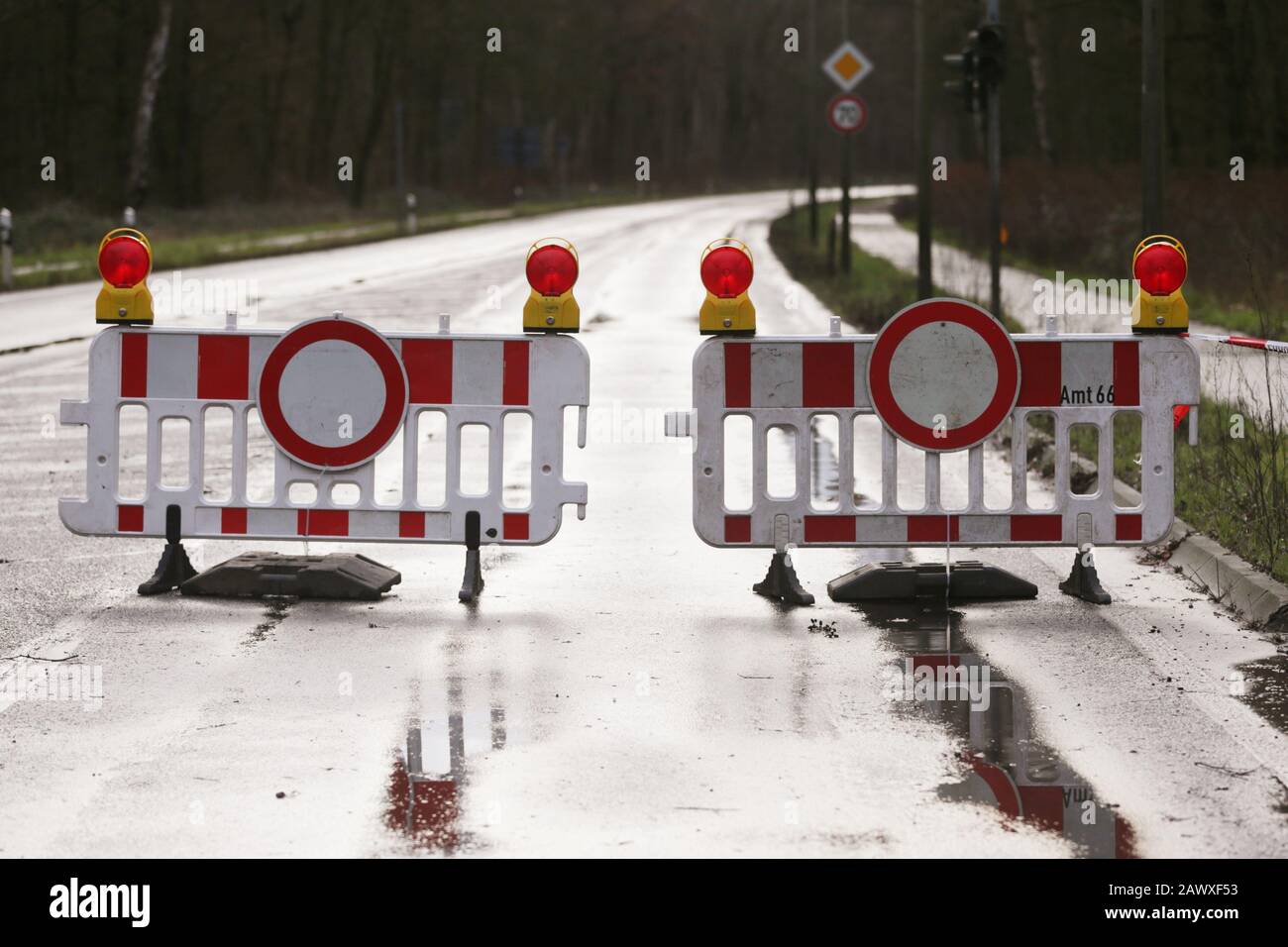 Duesseldorf, Germany. 10th Feb, 2020. Roadblocks are located on Düsseldorf's Rothenbergstraße in the district of Unterbach. Rothenbergstraße is fully closed after the storm 'Sabine' due to several fallen trees. Credit: David Young/dpa/Alamy Live News Stock Photo
