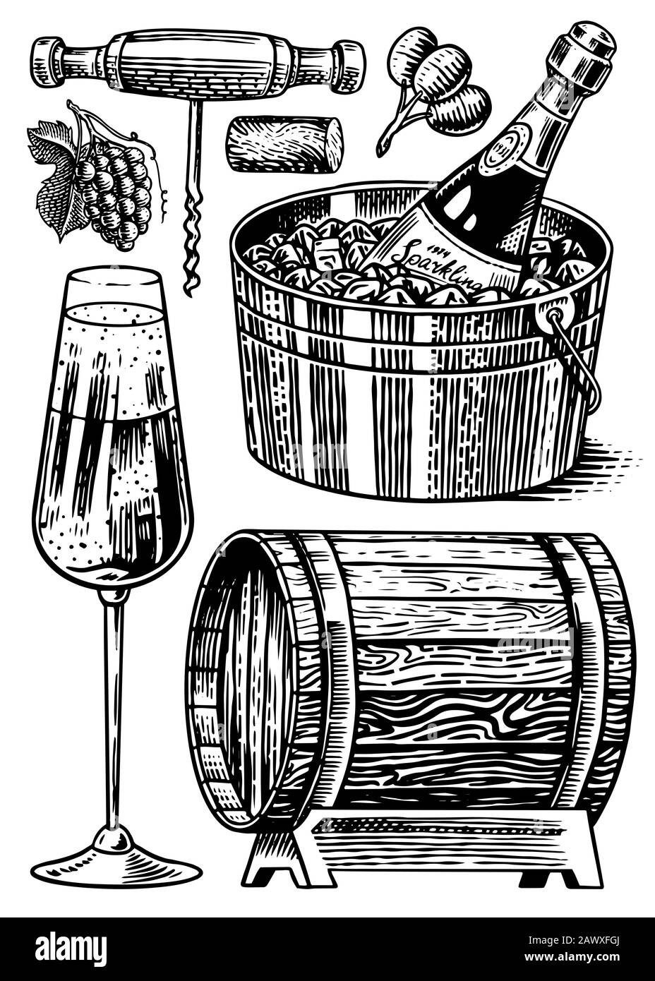 Sparkling wine champagne set. Alcoholic drink in the hand, bottle and glass Cheers, ice bucket, wooden barrel. Grapes Corkscrew Olives Cork. Drawn Stock Vector