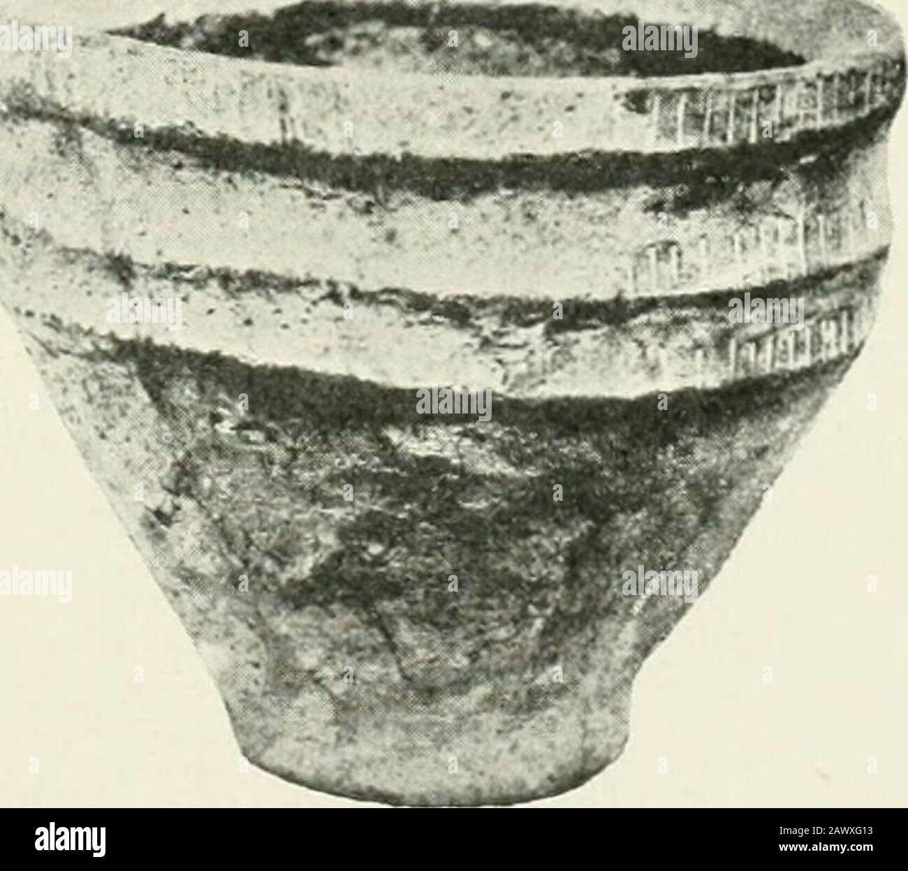 An introduction to the study of prehistoric art . ^^^. Fig. 220.-Food vessels. (After Abercromby.) 190 PREHISTORIC ART by far the most usual ornament being a surface patternconsisting of parallel line chevrons covering the wholevessel without any intervening plain bands . Food vesselsare distributed in three regions by Mr. Abercromby. (i)The southern half of England where they are scarce; (2)the northern half where they are more numerous ; (3)Scotland and Ireland.^ In the last the ornamentation ismore elaborate. The technique is the same as that ofbeakers, but in addition whipped cord and fals Stock Photo