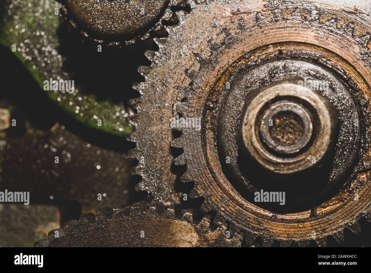 Gears of industrial machine. detail of mechanism. old cogwheels ...