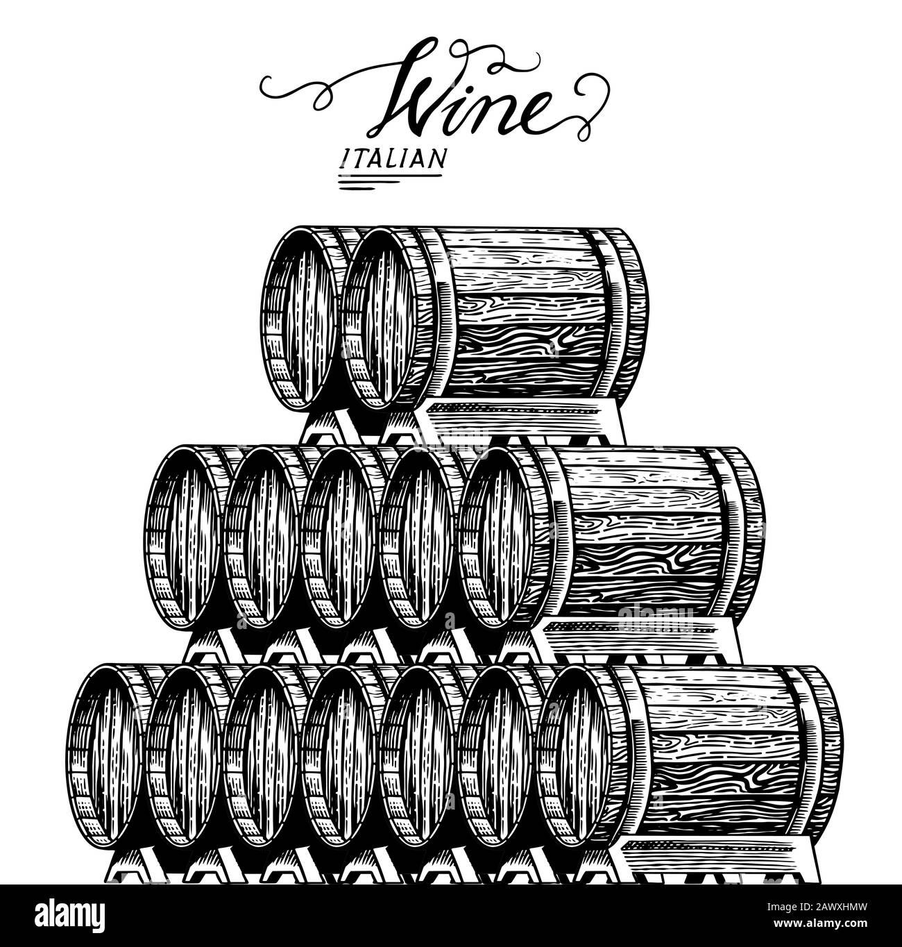 Wooden oak barrels of aged wine. Pyramidal pile of Vessels and kegs with French alcohol brandy or whiskey. Vintage Cask for Beverage maturing. Hand Stock Vector