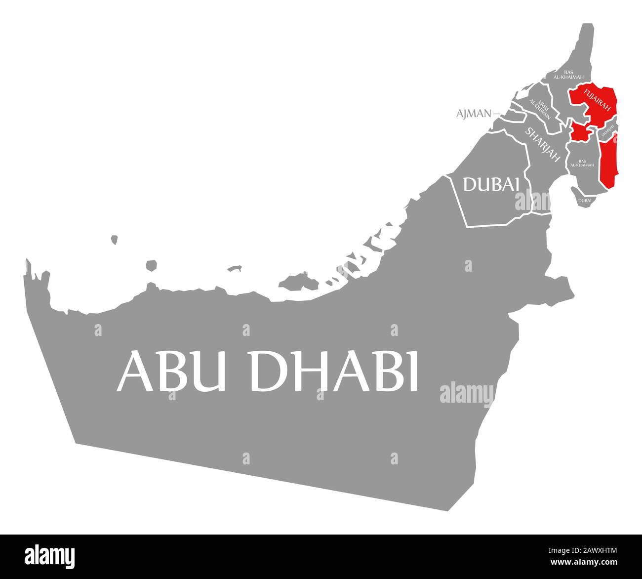 Fujairah red highlighted in map of United Arab Emirates Stock Photo - Alamy