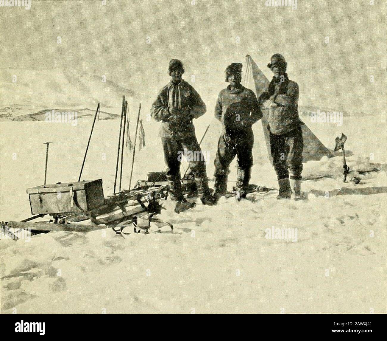 The worst journey in the world, Antarctic, 1910-1913 . ADAMS MOUNTAINS. Cheiry-Garrard, Keohane, AtkinsonFIRST RETURN PARTY THE POLAR JOURNEY 383 last two days. He was running short of food, having onlybiscuit crumbs, tea, some cornflour, and half a cup of pem-mican. He was therefore taking fifty biscuits, and a daysprovisions for two men from each of our units. He hadkilled one American dog some camps back : if he killedmore he was going to kill Krisravitza who he said wasthe fattest and laziest. We shall take on thirty biscuitsshort.^ Meares was to have turned homewards with thetwo dog-teams Stock Photo