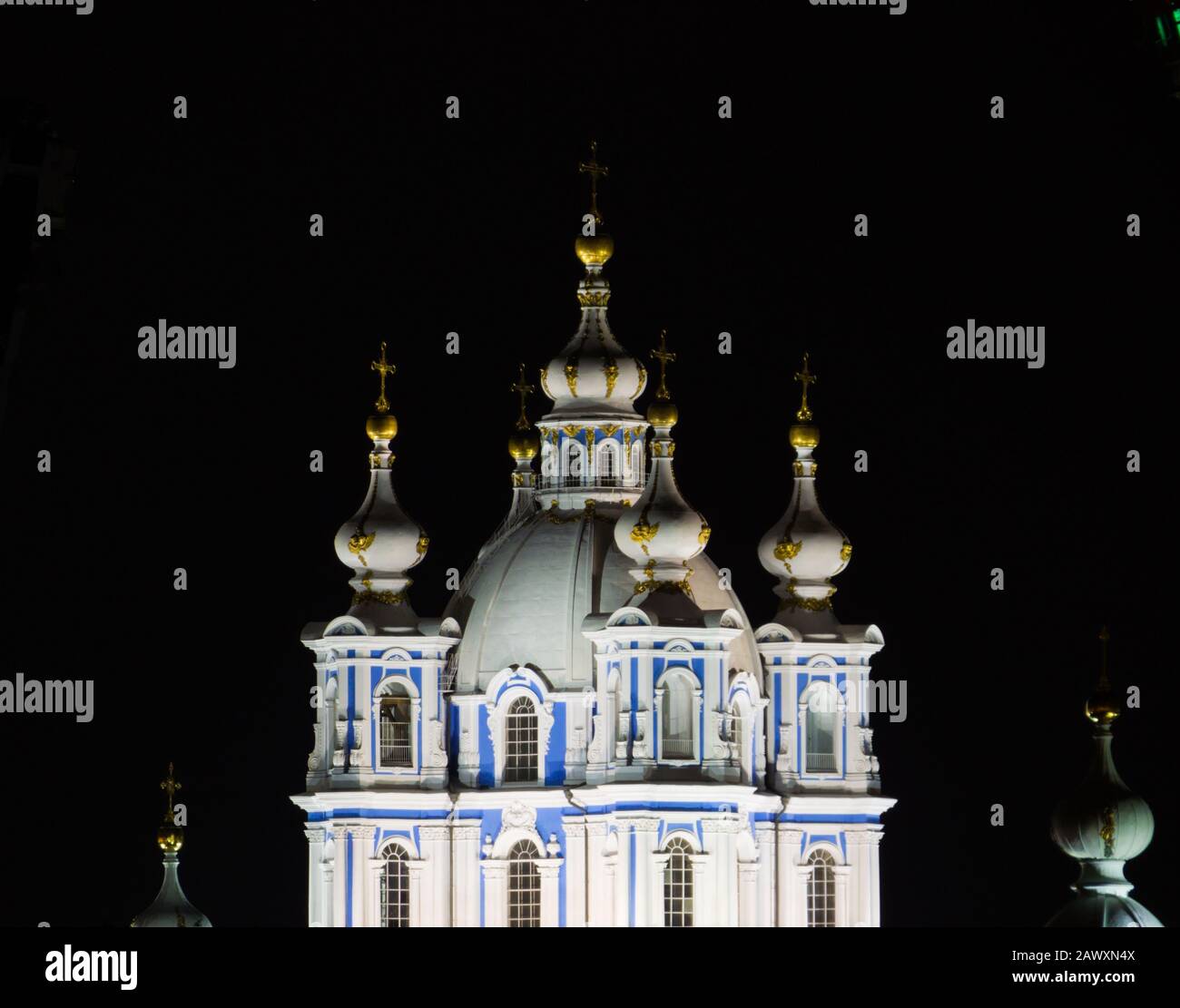 View of the Smolny Cathedral by night. In Saint Petersburg, Russia
