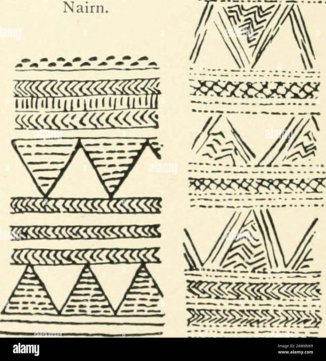 An introduction to the study of prehistoric art . fe&X^ iTxuirriitrjXQi Nairn.. Northumberland. Aberdeen. Roxburgh. Fig. 217.—Designs on beakers from thcseven; provinces of Hrit.Tin. (After Abercromby.) CHARACTER OF BRONZE AGE DECORATION 185 Drinking Cup dates from a very early period of the BronzeAge. This is shown by the nature of the objects accom-panying it. Of sixty-seven interments containing beakers,whilst fifty-two were associated with stone implements,only twenty-one contained objects of bronze, and thesewere of a primitive character as awls and knife daggers. The DistribtUioii of Bea Stock Photo