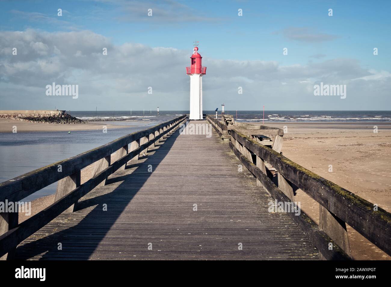 Panoramic view of the Trouville lighthouse and its wooden pier, Normandy, France Stock Photo