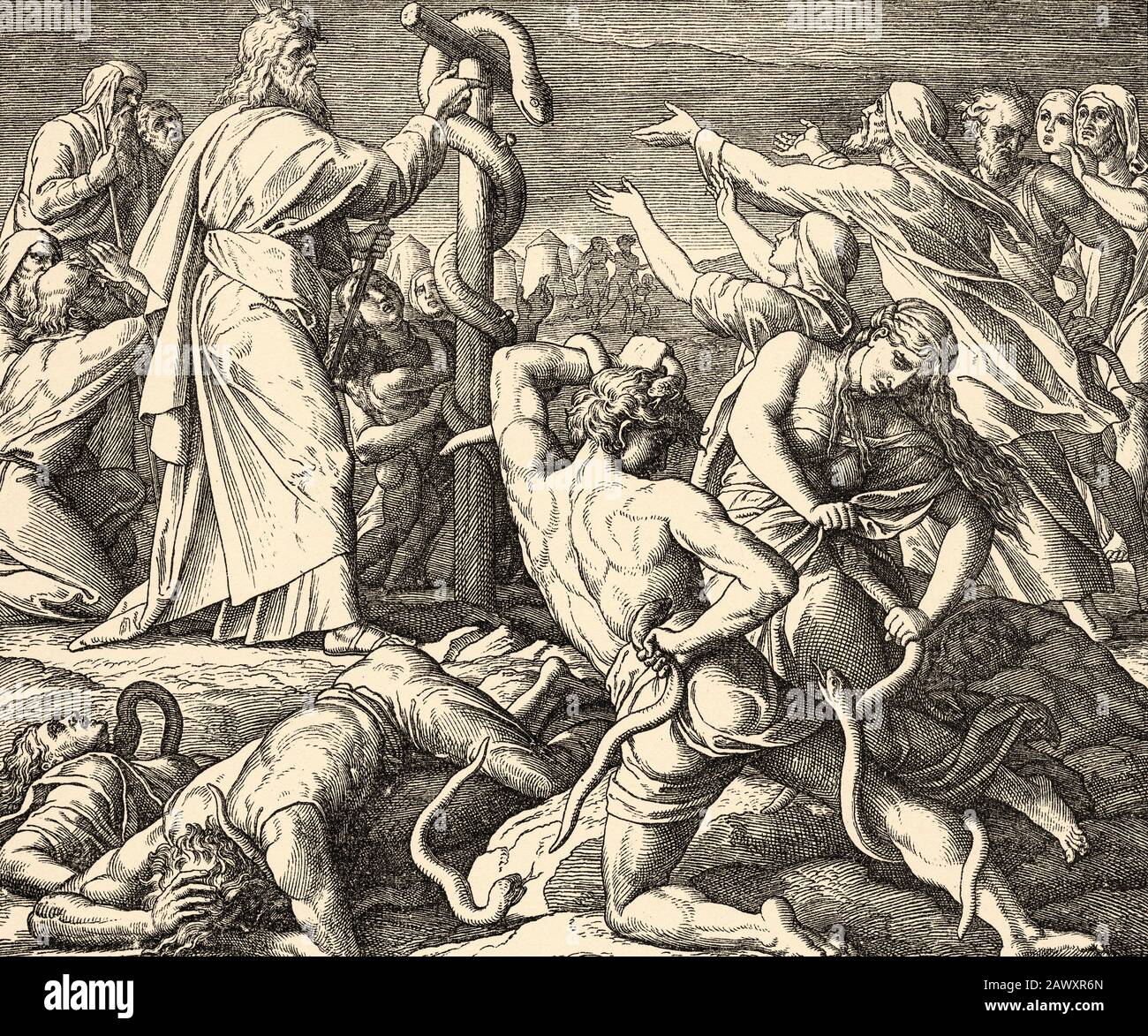 Exodus. The Serpent in the Wilderness. Jahve sent snakes to bite them and Moses interceded. Sacred biblical history Old Testament. Old engraving Stock Photo