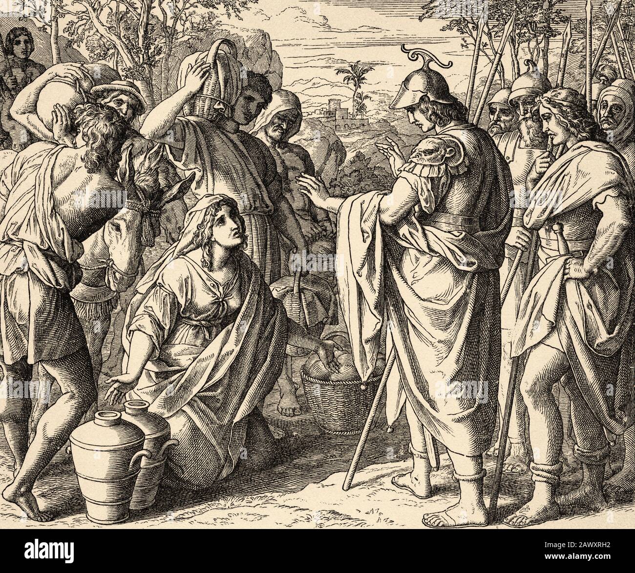 Abigail humbly manages to placate David. Samuel book. Sacred biblical history Old Testament. Old engraving Stock Photo