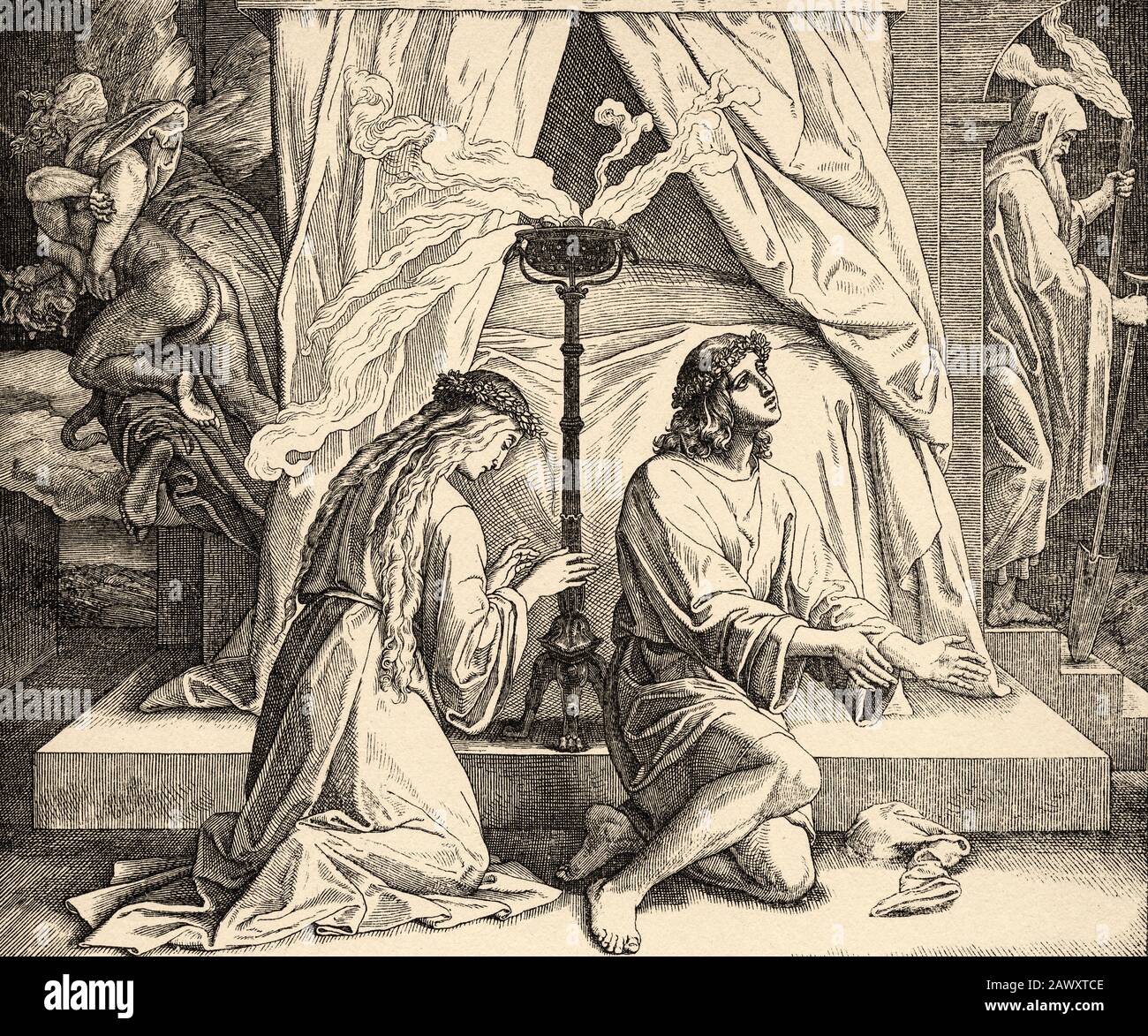 Tobias and Sara pray and Saint Raphael takes the devil. Nehemiah book