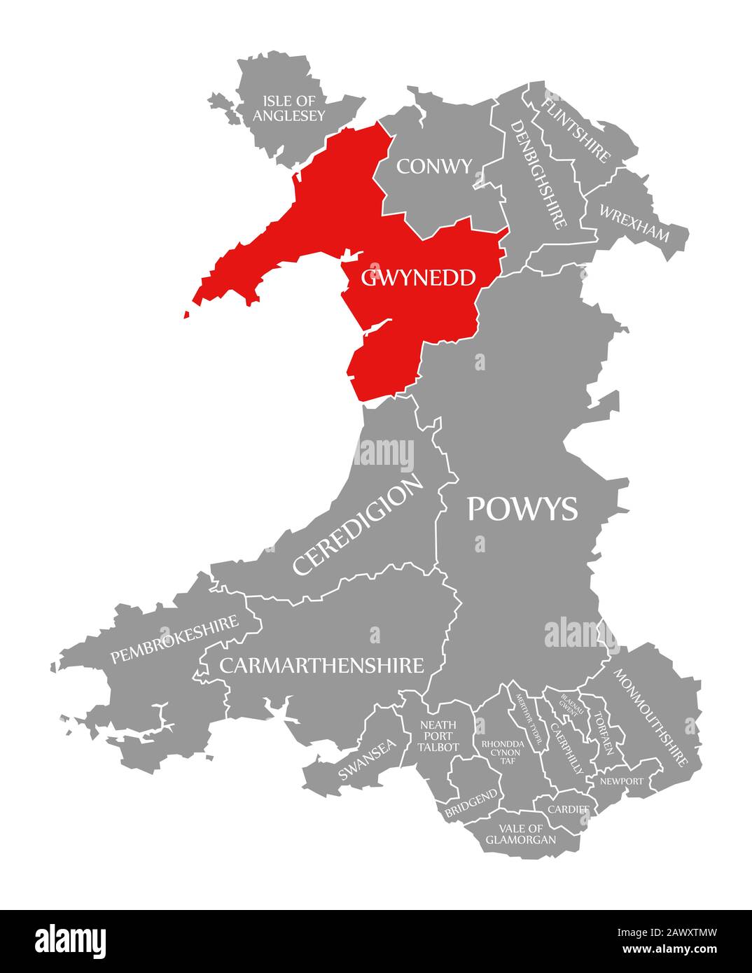 Gwynedd Red Highlighted In Map Of Wales 2AWXTMW 