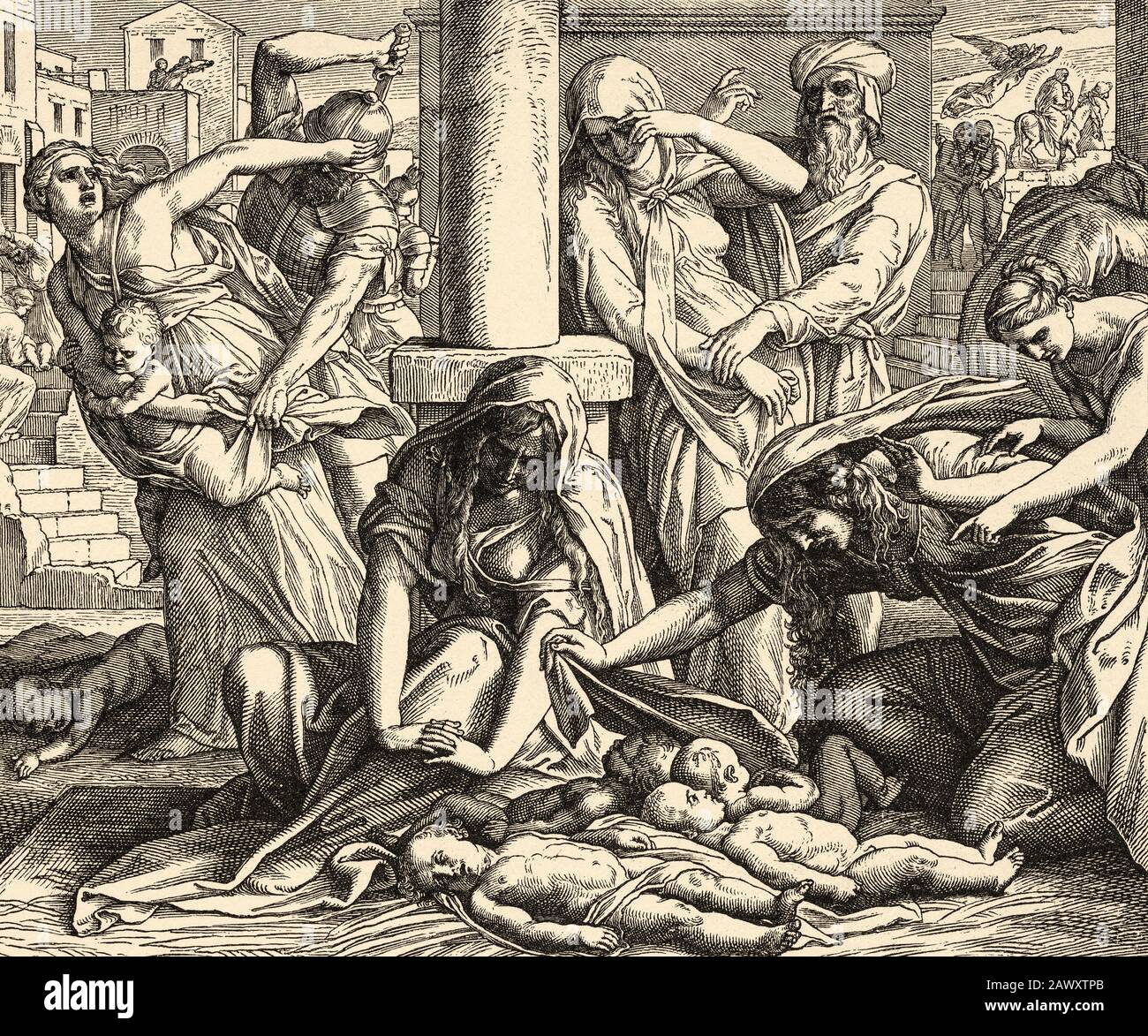 The child murder at Bethlehem. King Herod did kill all the children two years below. Matthew book, New Testament Sacred biblical history. Old engravin Stock Photo