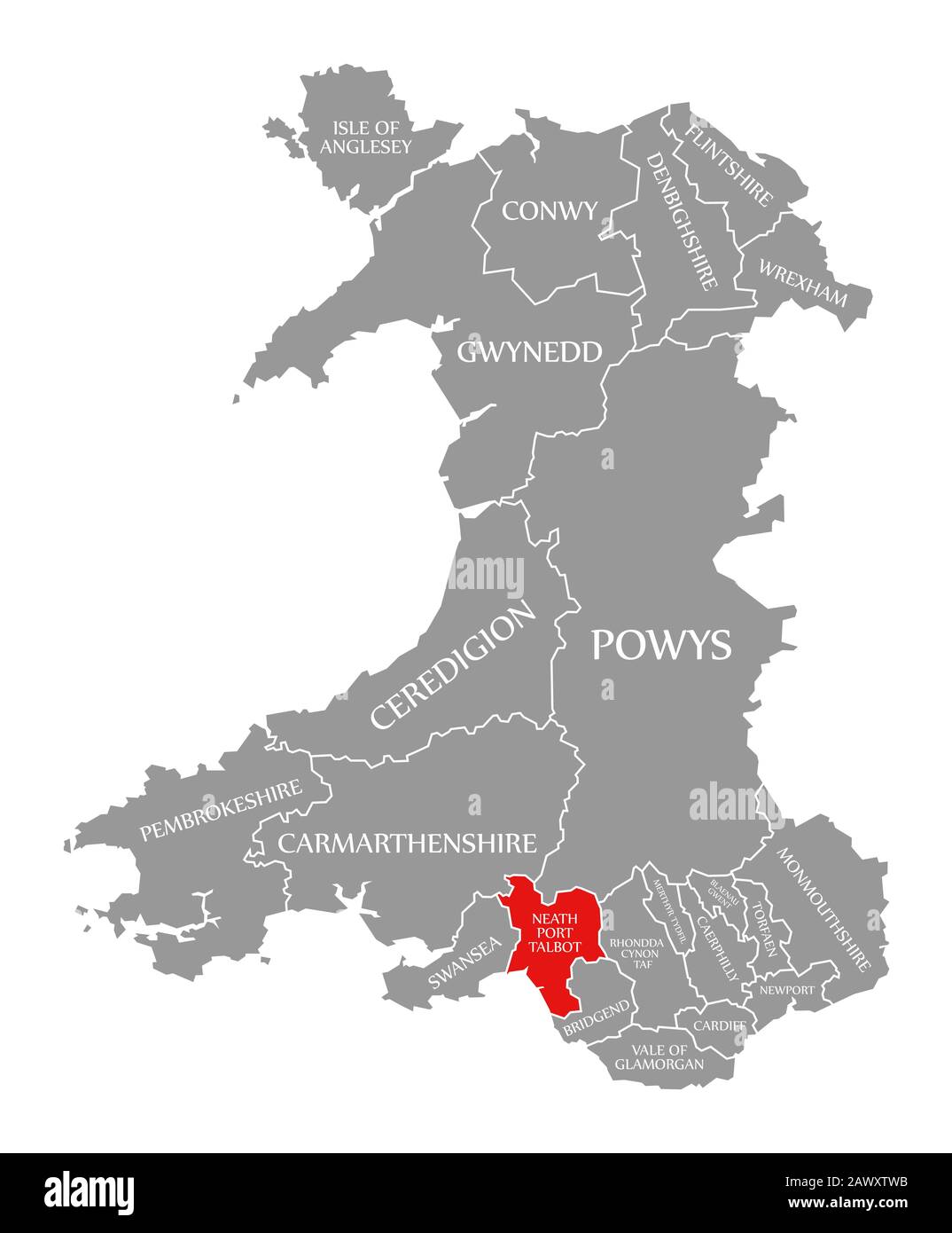 Neath Port Talbot red highlighted in map of Wales Stock Photo