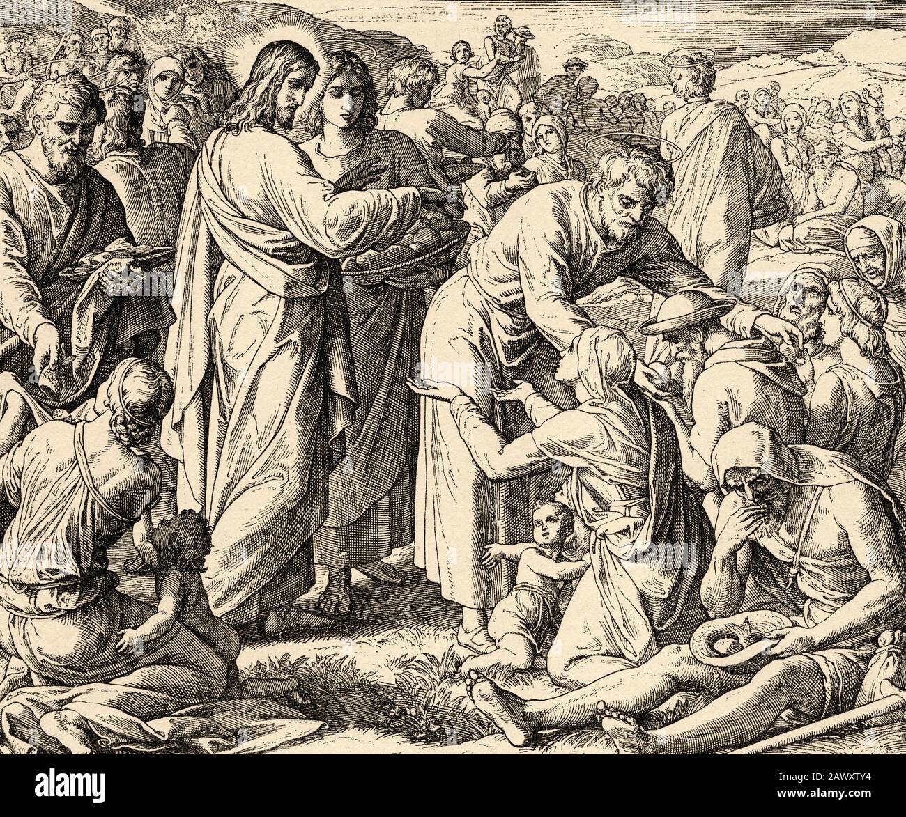 Miracle of the five loaves and the two fishes hires stock photography