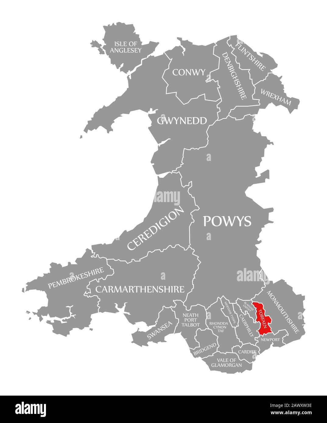 Torfaen red highlighted in map of Wales Stock Photo