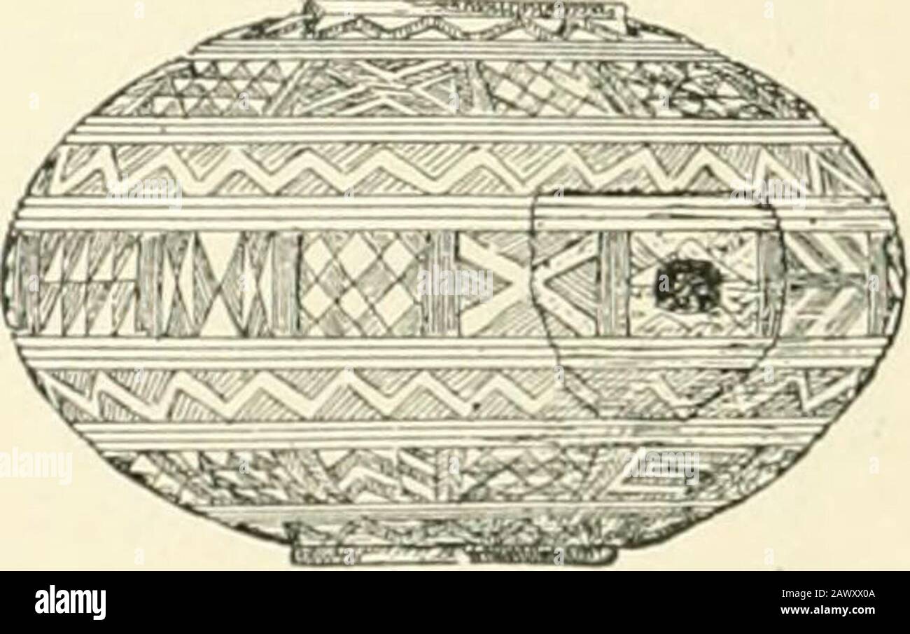 An introduction to the study of prehistoric art . Fig. 214.—Bronze pin withchevron ornament. Ire-land. (Quarter size.) Fig. 215.—Bronze spheroid withremarkable ornamentation.Allier. (Quarter size.) the whole of which may be described as a play upon thechevron. Only the borders of the broad central portionare engraved, but here the same motive occurs. It is most interestiuLi and sionificant to observe thatthe desiu;ns resultinof from the combination of chevronsare practically identical on lunulas found so far apart asIreland, Wales, and Cornwall. CHARACTER OF BRONZE AGE DECORATION i8i The same Stock Photo