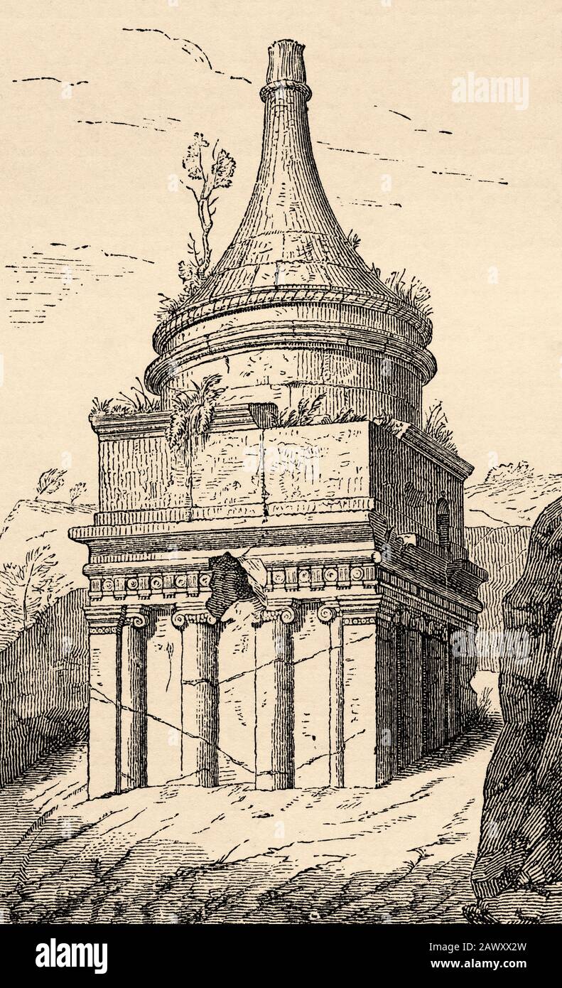 Tomb of Absalon in the Josaphat Valley, near Jerusalem, Israel. Old engraving illustration from the book Universal history by Oscar Jager 1890 Stock Photo