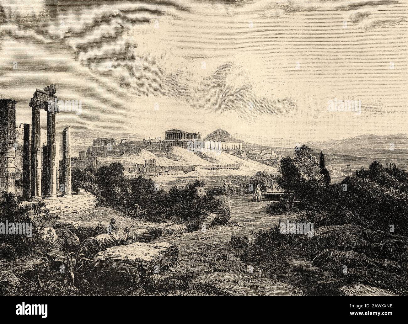 Athens and the Acropolis in 1800, 19th century. Greece ancient history. Old engraving illustration from the book Universal history by Oscar Jager 1890 Stock Photo