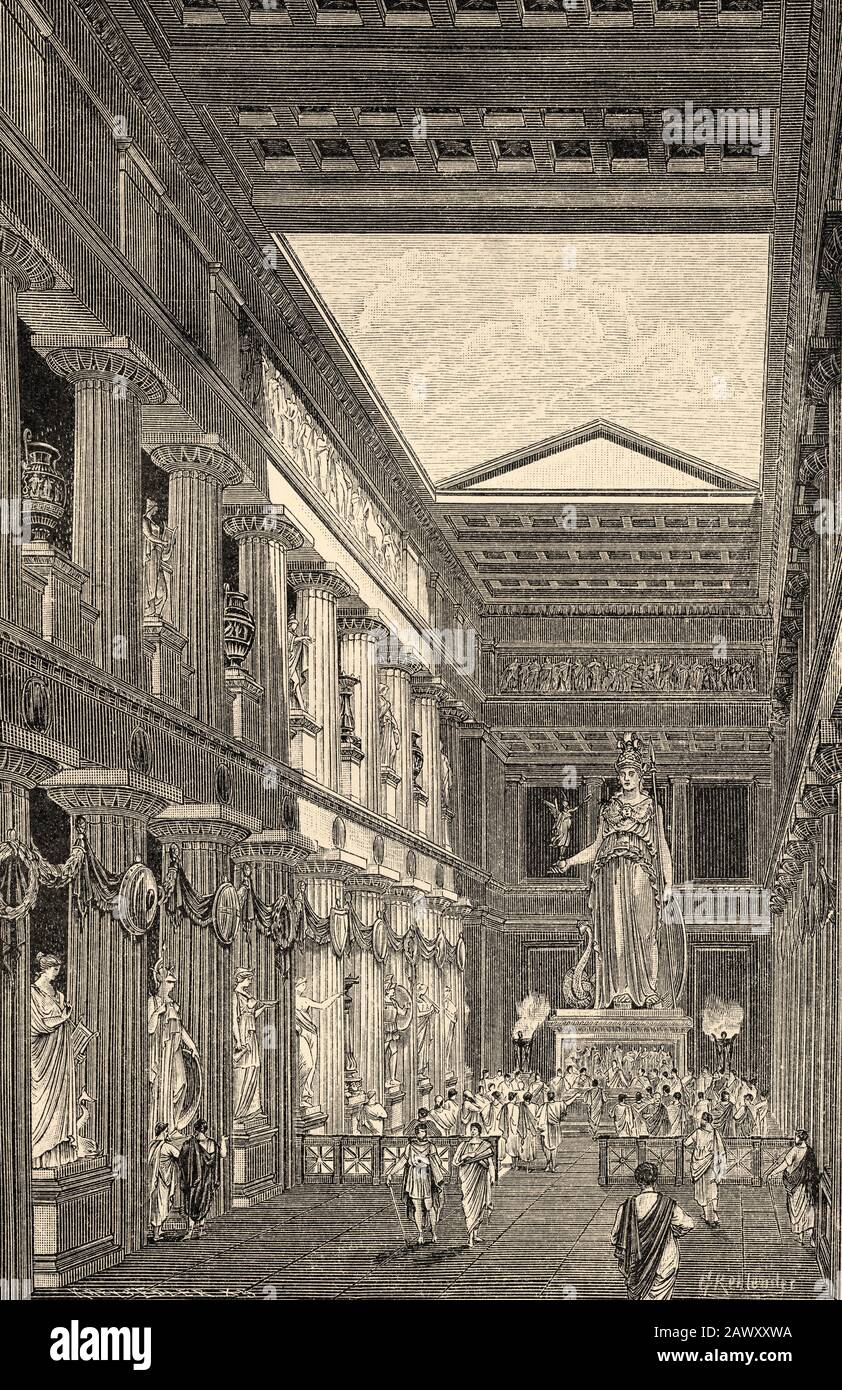 The statue of Athena Parthenos of Pheidias in the Cella of the Parthenon. Greece ancient history. Old engraving illustration from the book Universal h Stock Photo