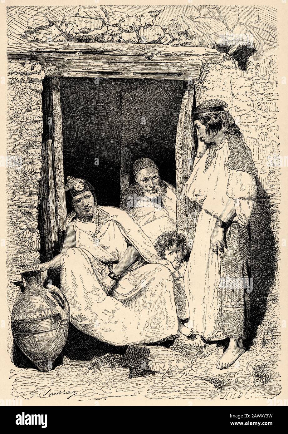 Portrait of Kabyle family group, Algeria. North Africa. Old engraving illustration from the book Nueva Geografia Universal by Eliseo Reclus 1889 Stock Photo