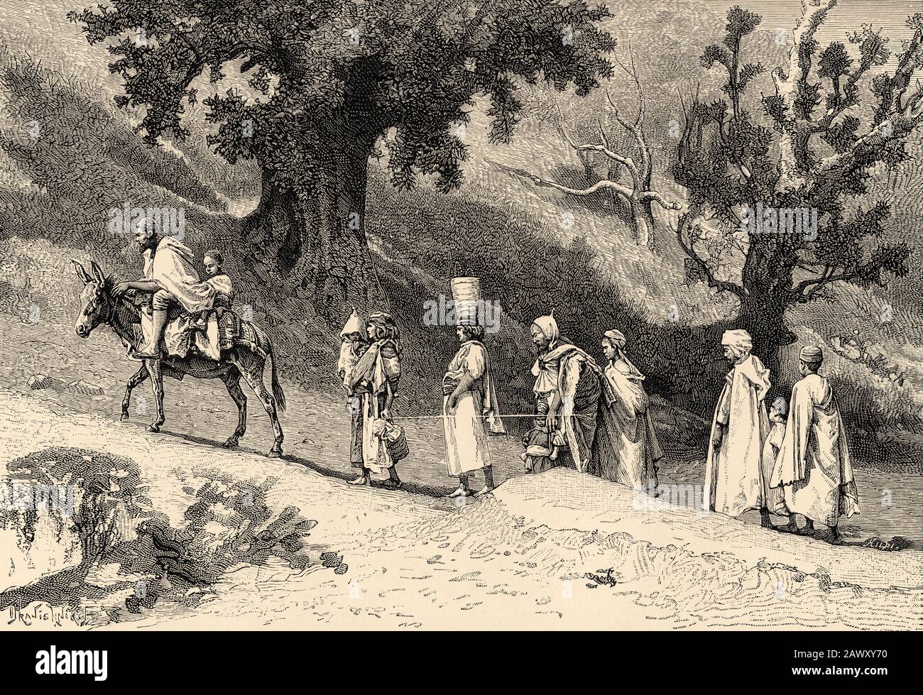 Kabyle family group travelling, Algeria. North Africa. Old engraving illustration from the book Nueva Geografia Universal by Eliseo Reclus 1889 Stock Photo