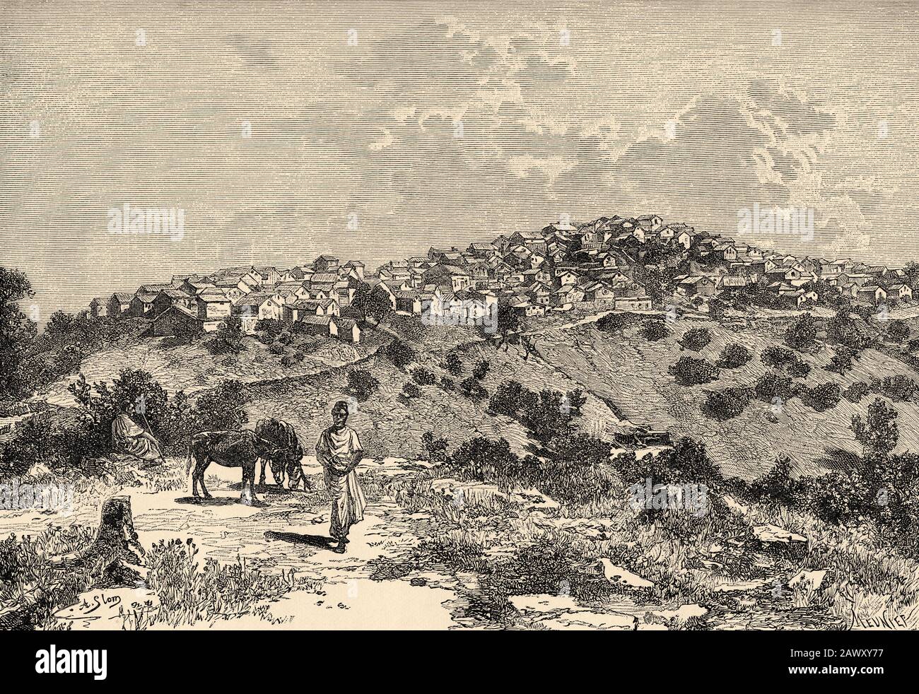Kabyle Village, Algeria. North Africa. Old engraving illustration from the book Nueva Geografia Universal by Eliseo Reclus 1889 Stock Photo