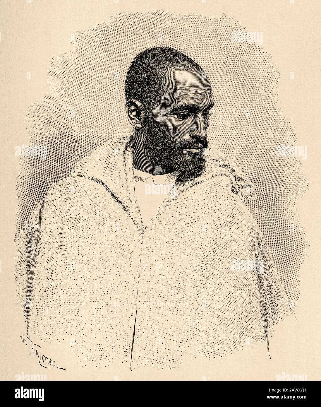 Portrait of Arab man from Tangier, Morocco. North Africa. Old engraving illustration from the book Nueva Geografia Universal by Eliseo Reclus 1889 Stock Photo