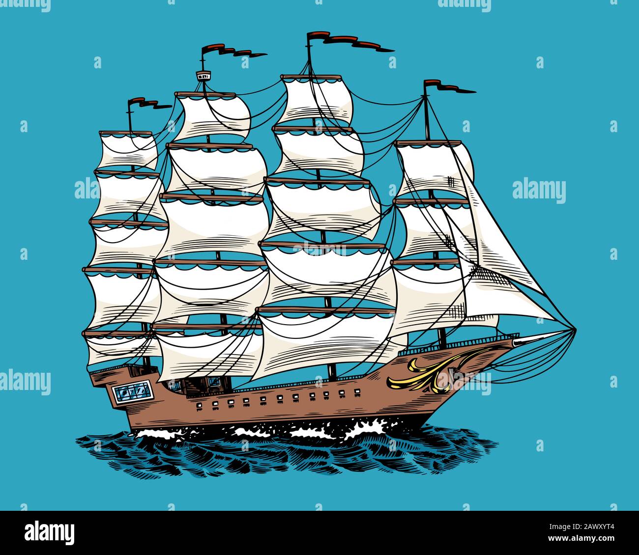 Sailboat in the sea, summer adventure, active vacation. Seagoing vessel, marine ship or nautical caravel on blue background. Water transport in the Stock Vector