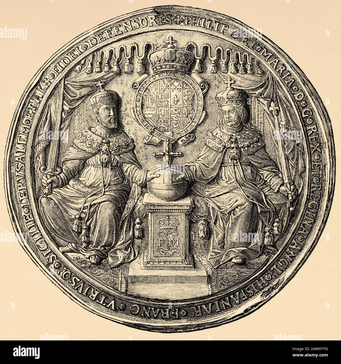 Medal seal of Philip II of Spain and Mary I of England, aka Bloody Mary, 1516-1558. Queen of England and Ireland. History of Philip II of Spain. Stock Photo