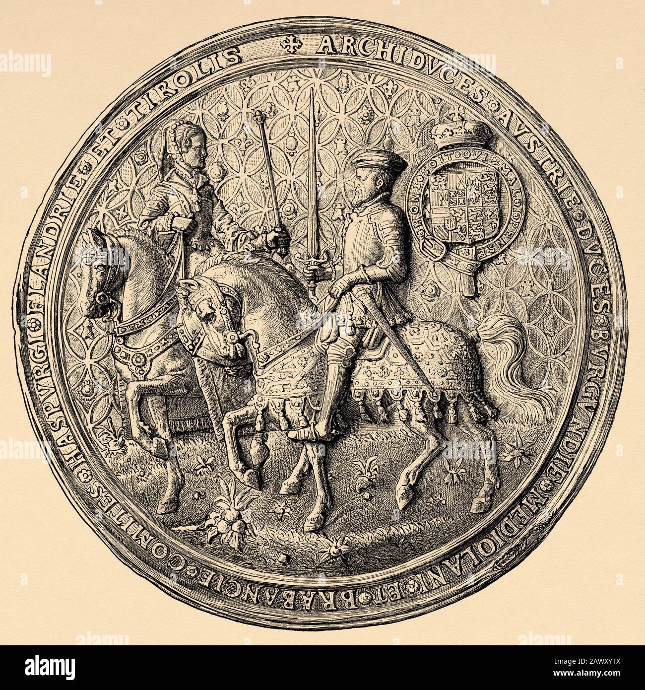 Medal seal of Philip II of Spain and Mary I of England, aka Bloody Mary, 1516-1558. Queen of England and Ireland. History of Philip II of Spain. Stock Photo