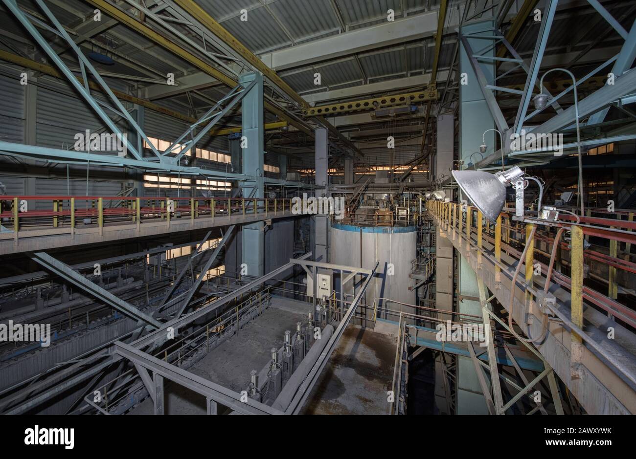 The interior of a closed waste incinerator plant. Huge units of the gas-cleaning system Stock Photo