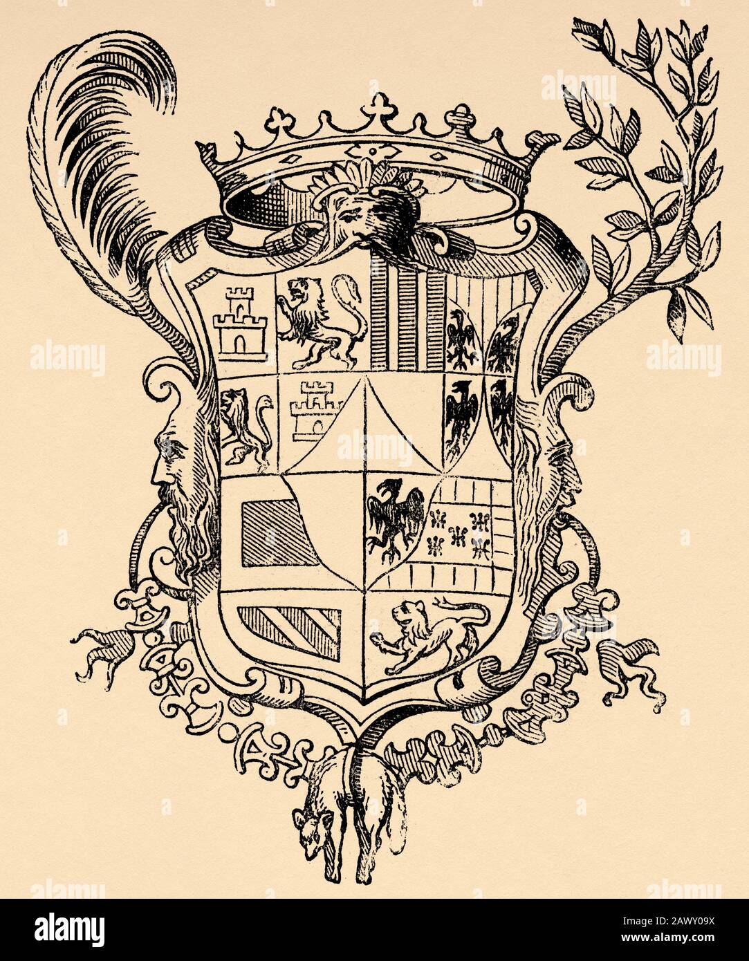 Coat of arms of Don Juan of Austria (Regensburg, February 24, 1545 or 1547 - Bouge, October 1, 1578), illegitimate son of King Charles I of Spain Stock Photo