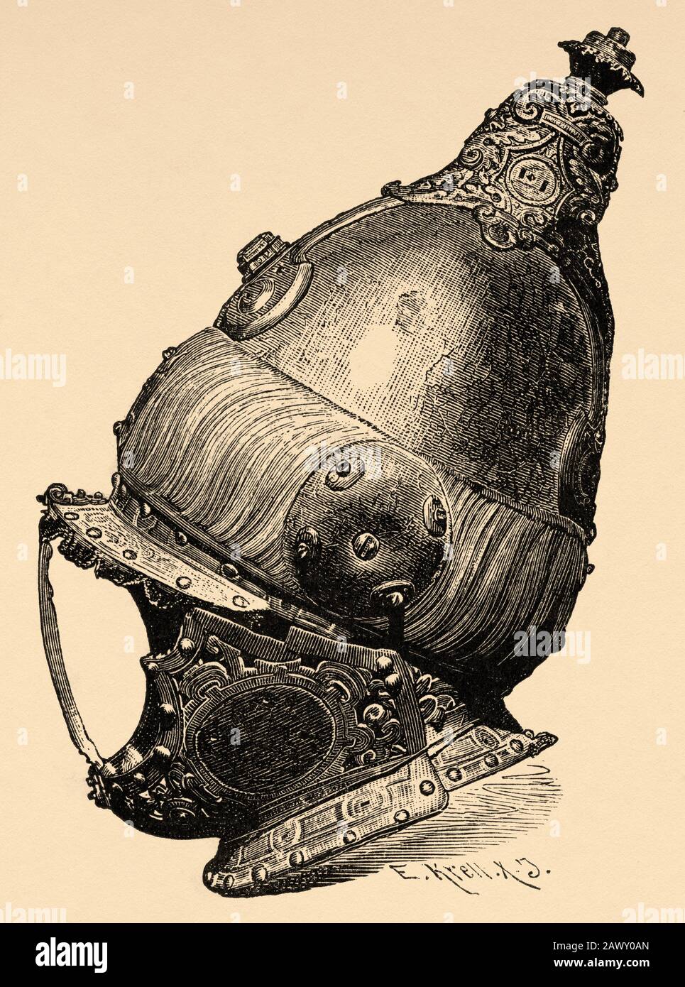 Turkish helmet from the Battle of Lepanto, 16th century. History of Philip II of Spain. Old engraving published in Historia de Felipe II by H. Fornero Stock Photo