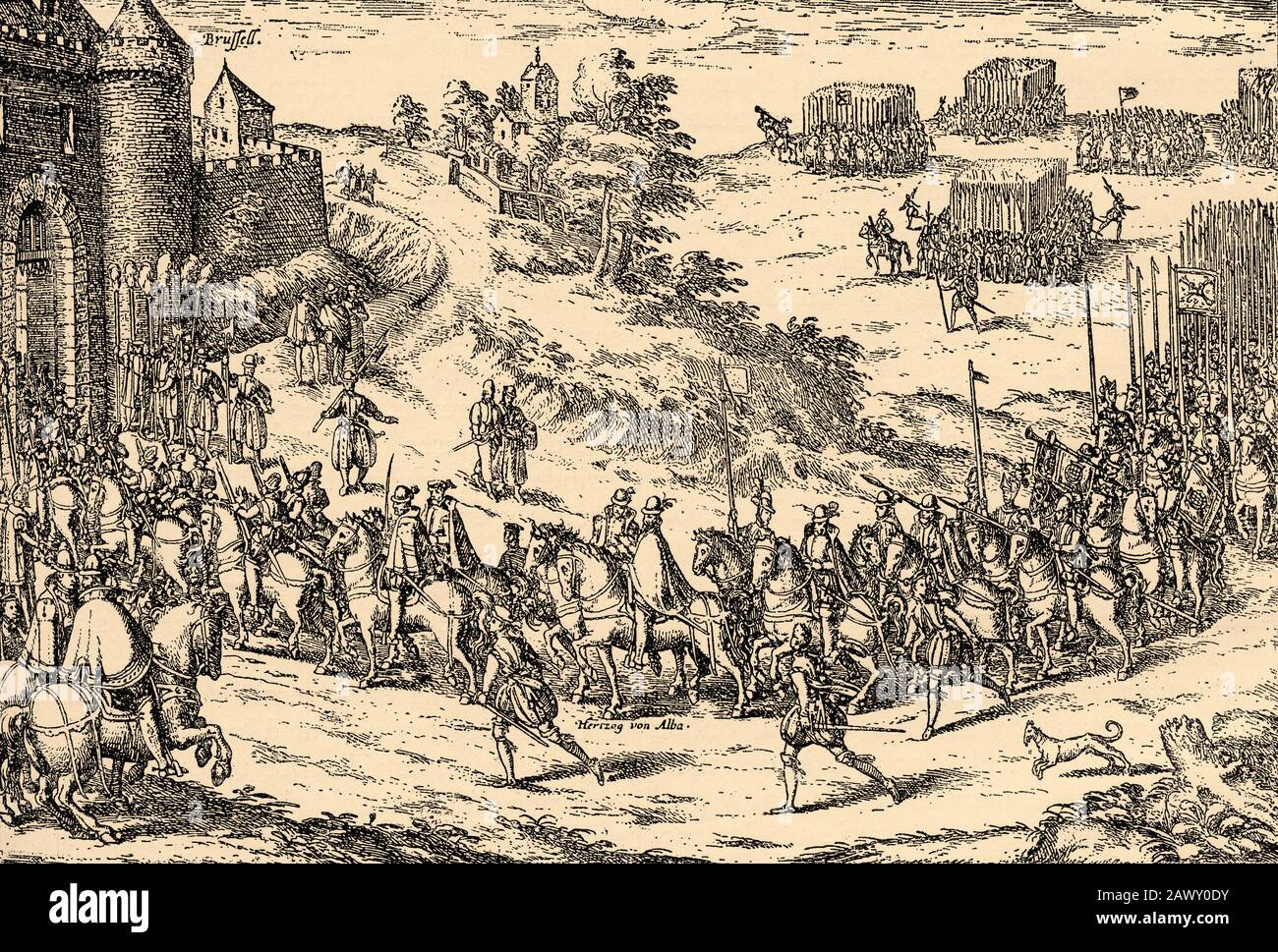 Arrival of the Spaniards under the Duke of Alba in Brussels on 28th August 1567, Spanish Netherlands. History of Philip II of Spain. Old engraving Stock Photo
