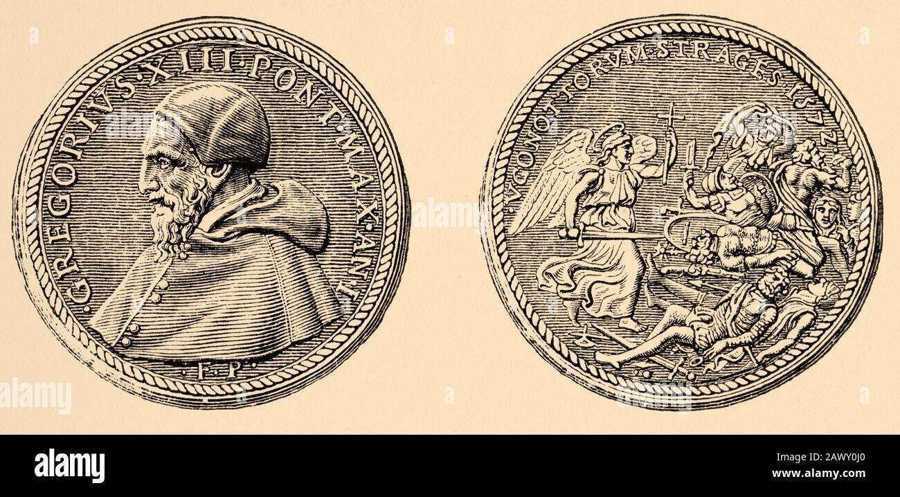 Commemorative medal of St. Bartolome night commanded by Pope Gregory XIII. History of Philip II of Spain. Old engraving Stock Photo