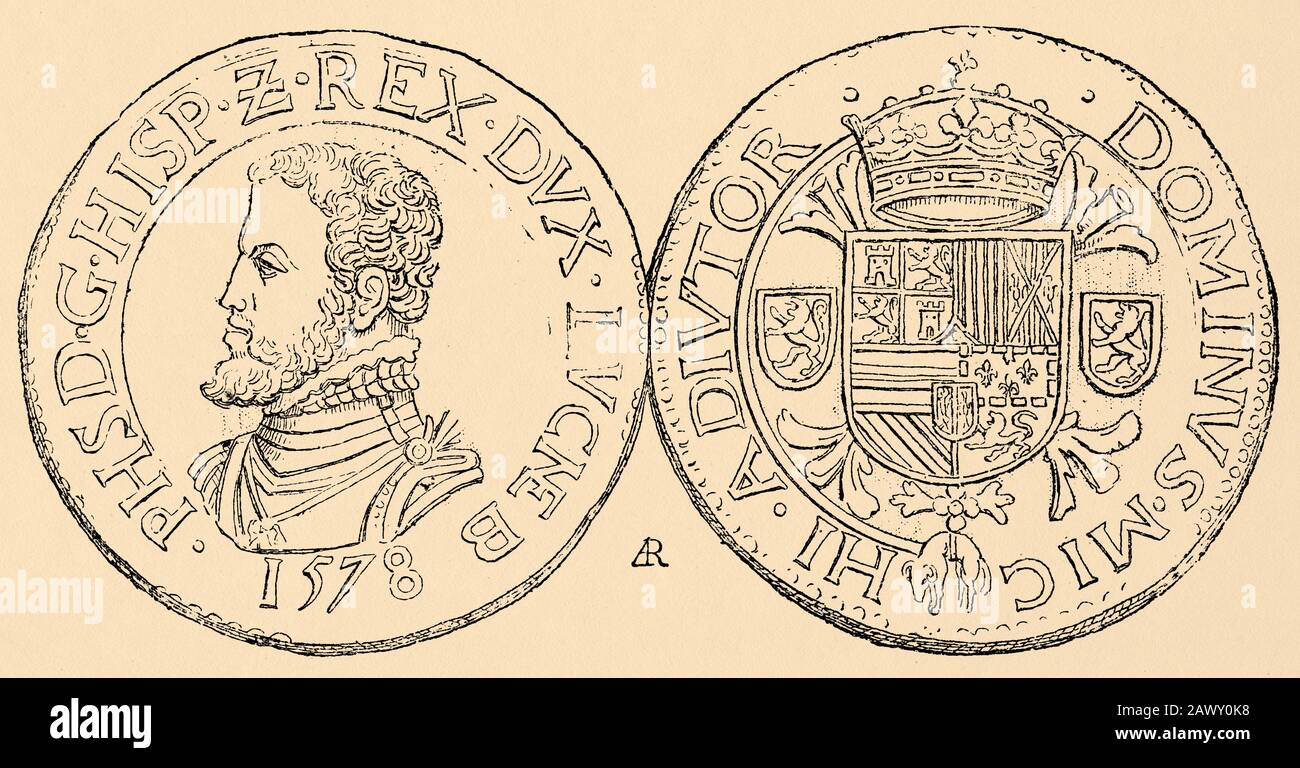Currency of the Duchy of Luxembourg, time of Philip II. History of Philip II of Spain. Old engraving published in Historia de Felipe II by H. Forneron Stock Photo