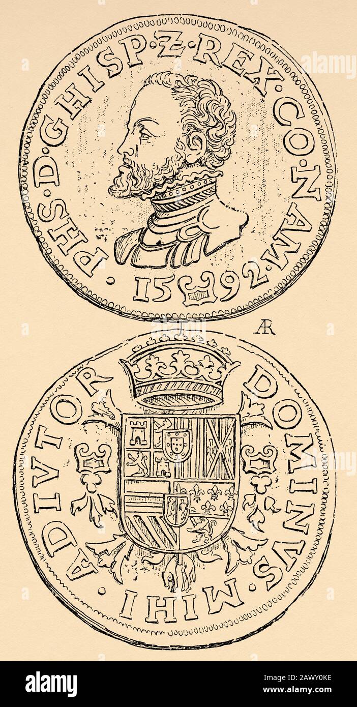 Namur County Currency, Philip II era. History of Philip II of Spain. Old engraving published in Historia de Felipe II by H. Forneron, in 1884 Stock Photo