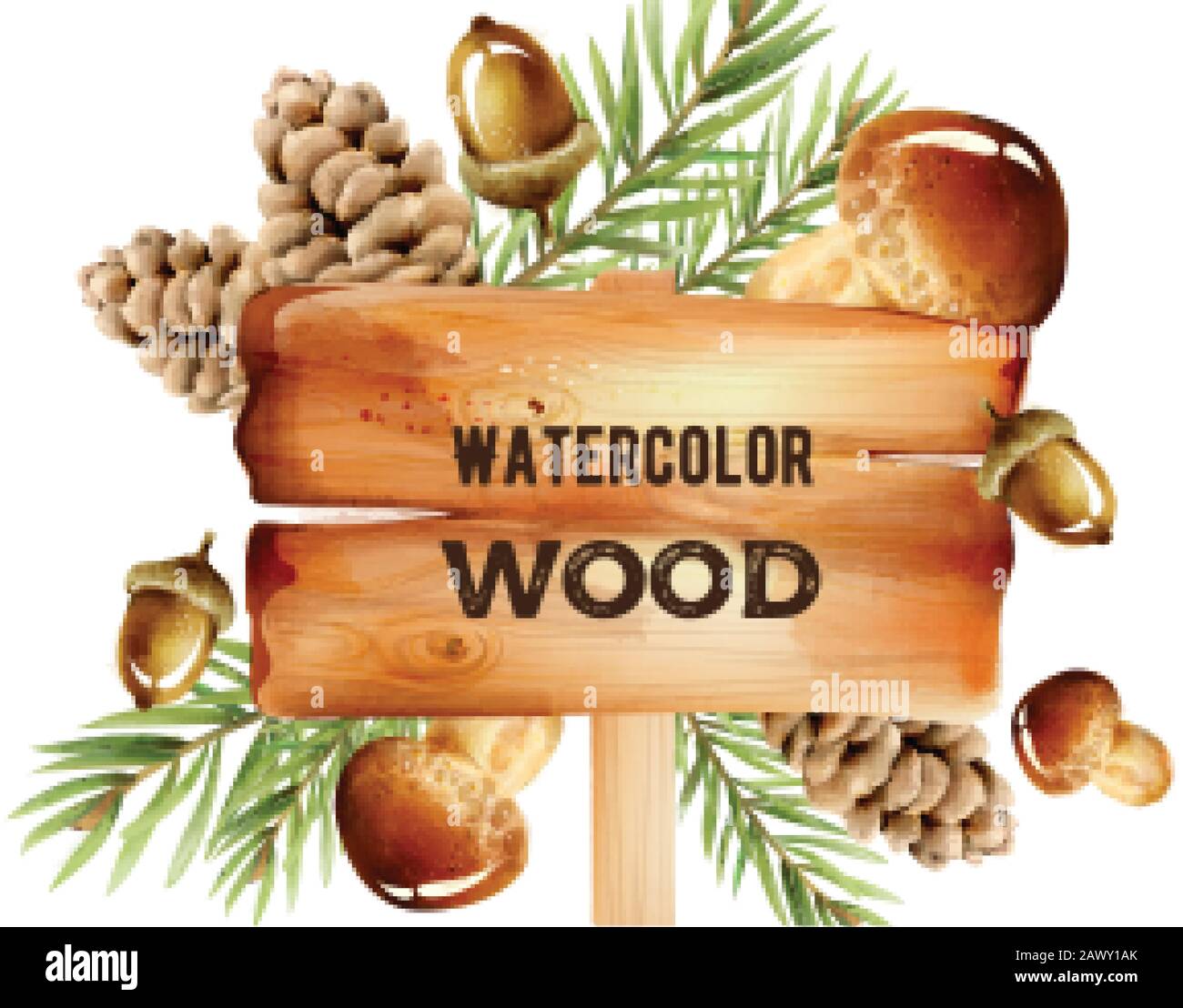 Watercolor wooden sign with forest decorations on background. Pine cone, mushrooms, nuts and leaves. Winter vector Stock Vector