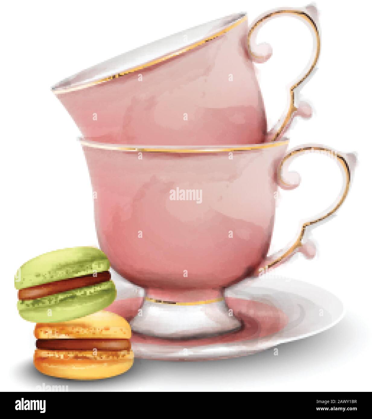 Pink watercolor tea cups with macaroon sweets. Vector Stock Vector