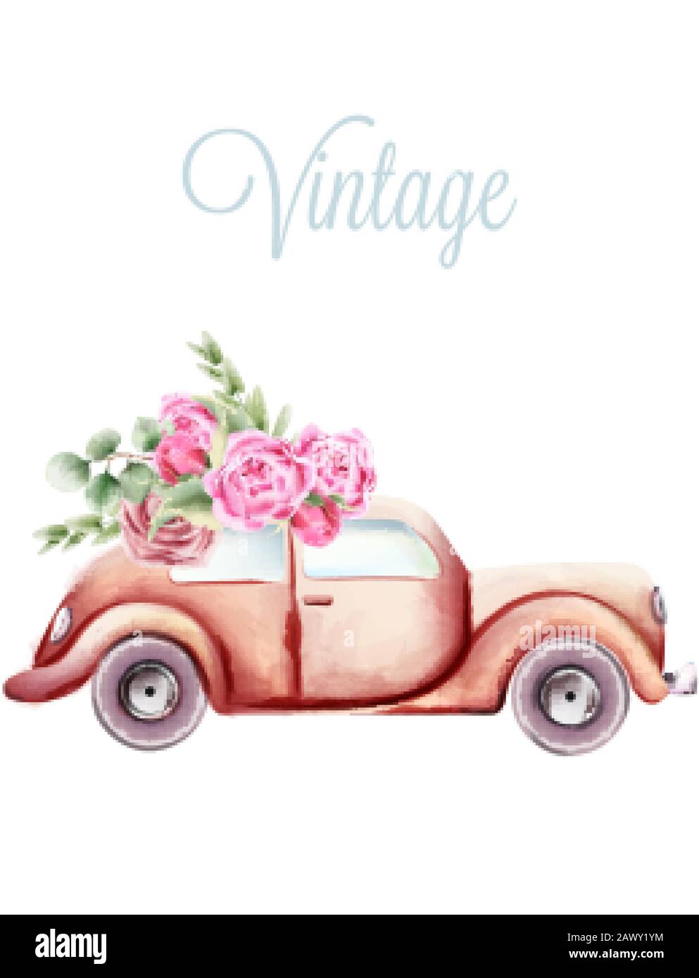 Download Vintage pink car with rose flowers and green leaves on the ...