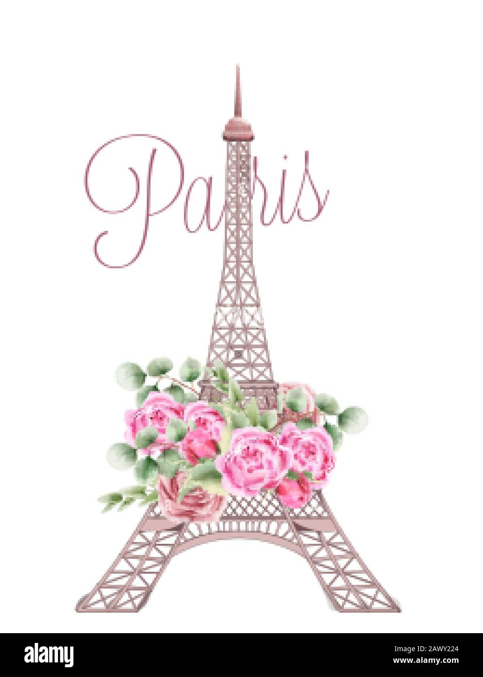 Eiffel Tower decorated with rose flowers and green leaves. Paris city of love. Watercolor vector Stock Vector