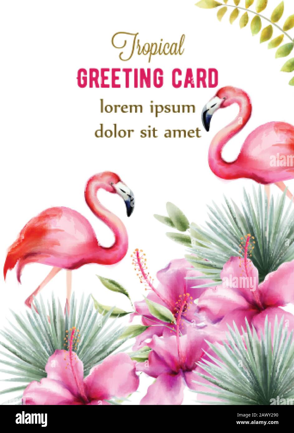Tropical greeting card with palm leaves, hibiscus flowers and pink flamingo. Watercolor vector Stock Vector