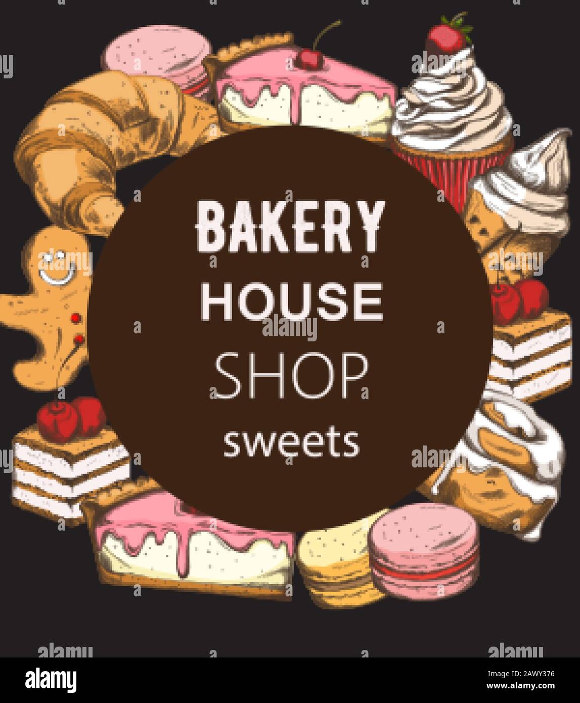 Bakery house shop menu template with various sweets. Croissant, cake, cupcake, macaron. Place for text. Line art colorful vector Stock Vector