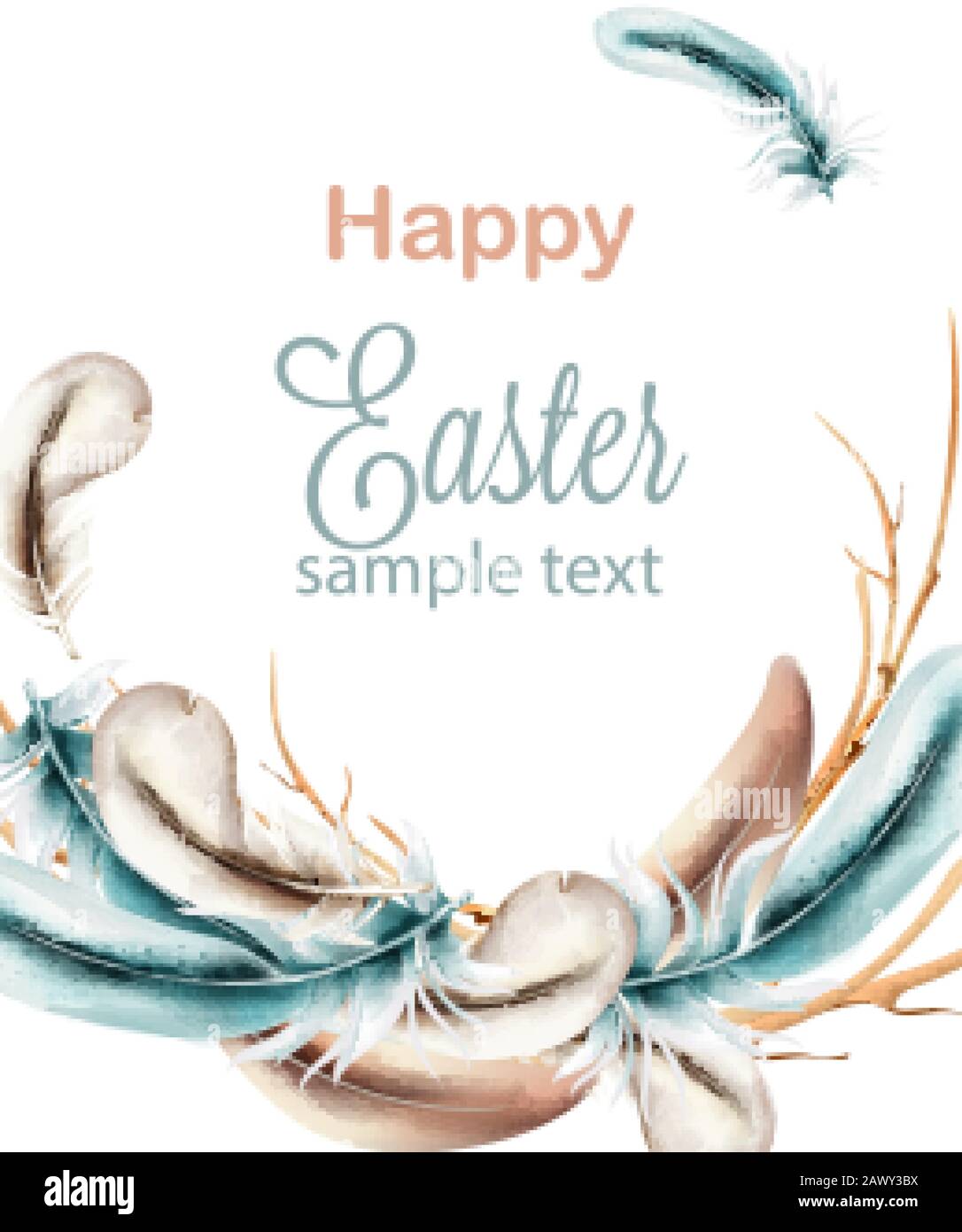 Happy Easter watercolor composition with blue colored feathers on wreath. Vector Stock Vector